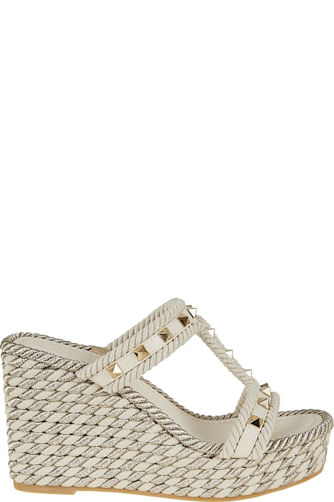 Valentino Garavani Slide Espadrillas | Rockstud Torchon | T. 25/90 | Vitello/platinum Studs/corda Seta Lurex