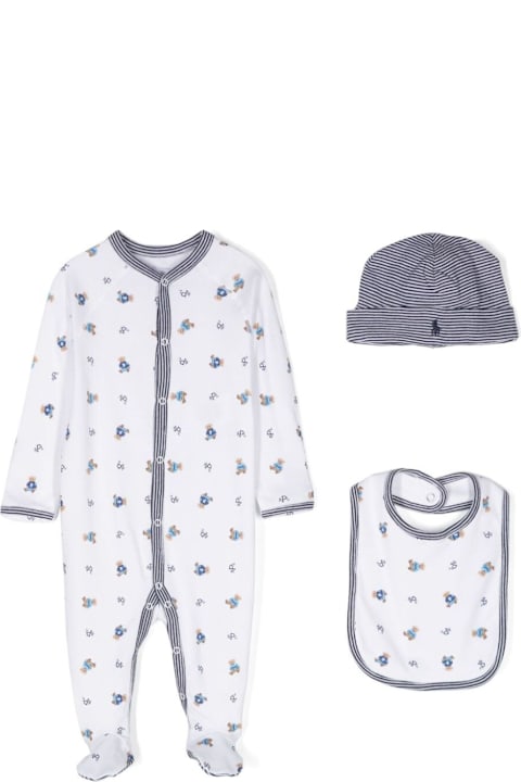 Homeware Polo Ralph Lauren Set Of White Jumpsuits With Beanie And Bib With All-over Polo Bear Print In Cotton Baby