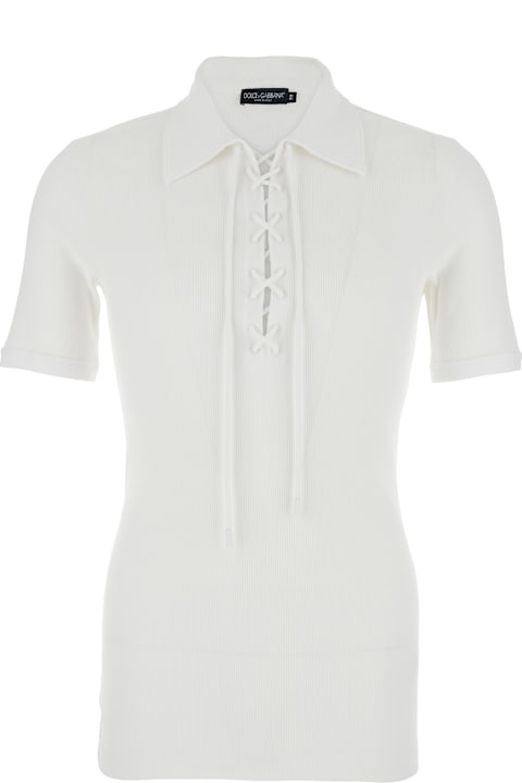 Dolce & Gabbana Sweaters for Men Dolce & Gabbana White T-shirt With Classic Collar And Cross Lace Closure On The Front In Cotton Stretch Man
