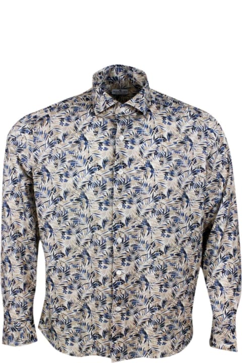 Sonrisa Shirts for Men Sonrisa Luxury Shirt In Soft, Precious And Very Fine Stretch Cotton Flower With Spread Collar In Fern Print