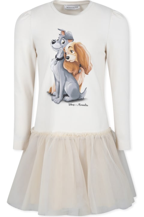 Monnalisa فساتين لـ بنات Monnalisa Ivory Dress For Girl With Lady And The Tramp Print