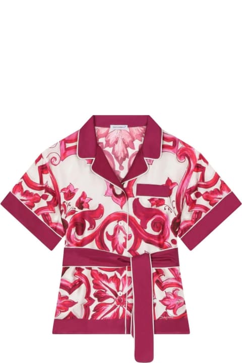 Shirts for Girls Dolce & Gabbana Fuchsia Majolica Print Shirt With Belt