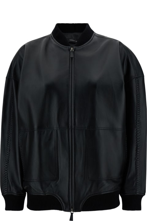 ウィメンズ Federica Tosiのコート＆ジャケット Federica Tosi Black Bomber Jacket With Ribbed Trim In Leather Woman