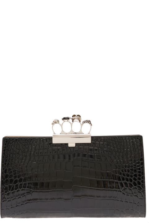 Black Crocodile Printed Leather Pouch With Fuor Ring Detail Alexander Mcqueen Woman