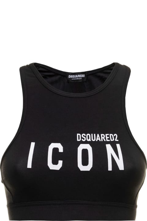 D-squared2 Woman's Black Stretch Cotton Top With Logo Print