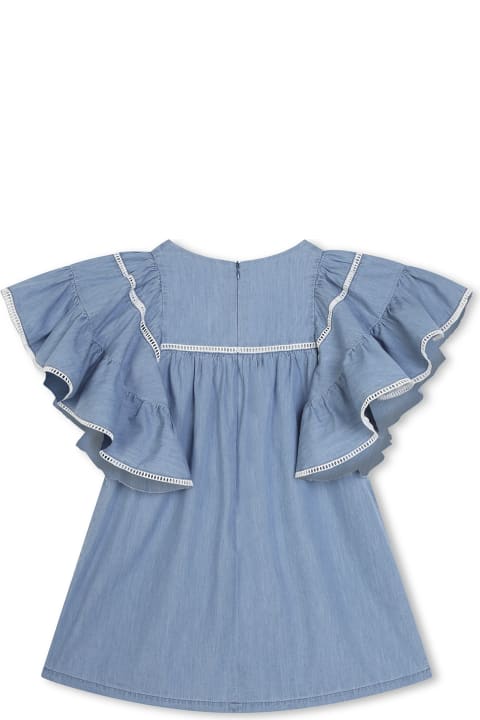 Chloé for Kids Chloé Medium Blue Dress With Ruffle And Ladder Stitch Detailing