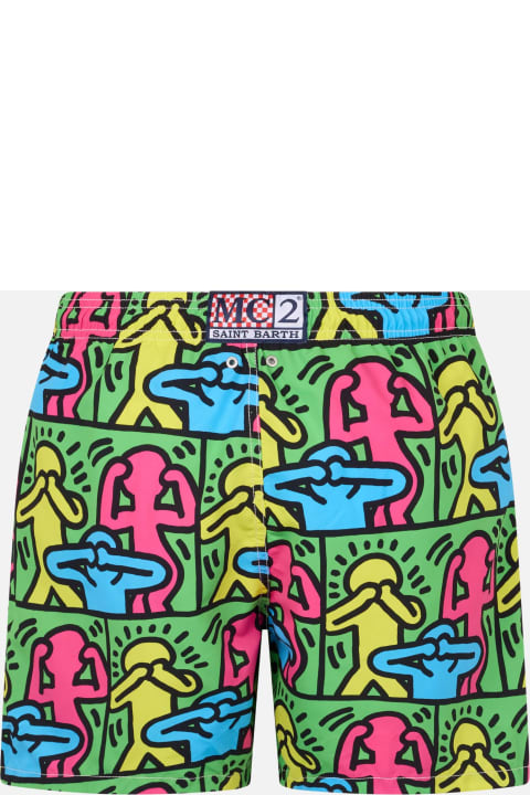 Swimwear for Men MC2 Saint Barth Man Mid-length Gustavia Swim-shorts With Keith Haring Design Placed Print| Keith Haring Special Edition