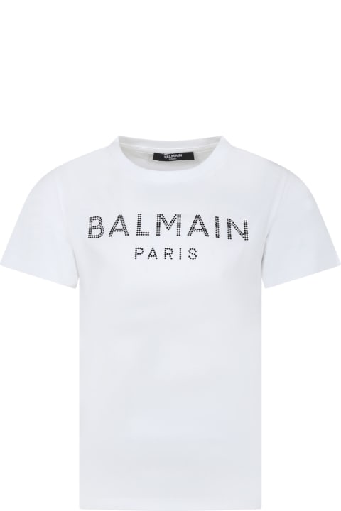 Balmain for Girls Balmain White T-shirt For Girl With Logo And Rhinestones