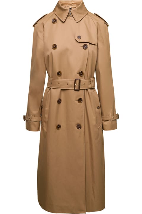 Beige Double-breasted Trench Coat With Belt In Cotton Woman