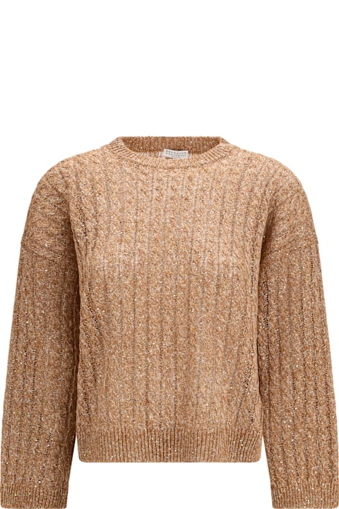 Brunello Cucinelli for Kids Brunello Cucinelli Dazzling Cable Linen Sweater With Openwork Ribbing