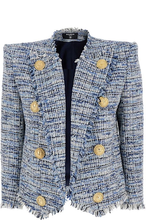 Balmain Coats & Jackets for Women Balmain 'side To Side' Blue Jacket With Peak Revers And Jewel Buttons In Cotton Blend Woman