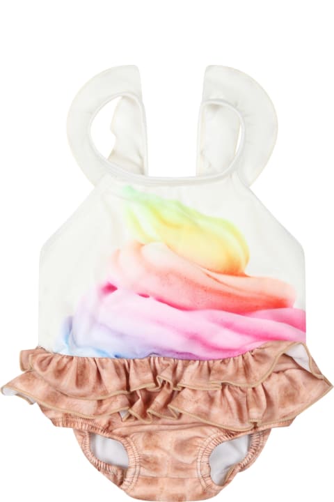 Molo Clothing for Baby Girls Molo White Swimsuit For Girl With Ice Cream Print
