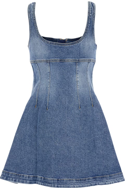Homeware self-portrait Blue Dress With Zip Closure On The Front And Embroidered Logo In Denim Woman