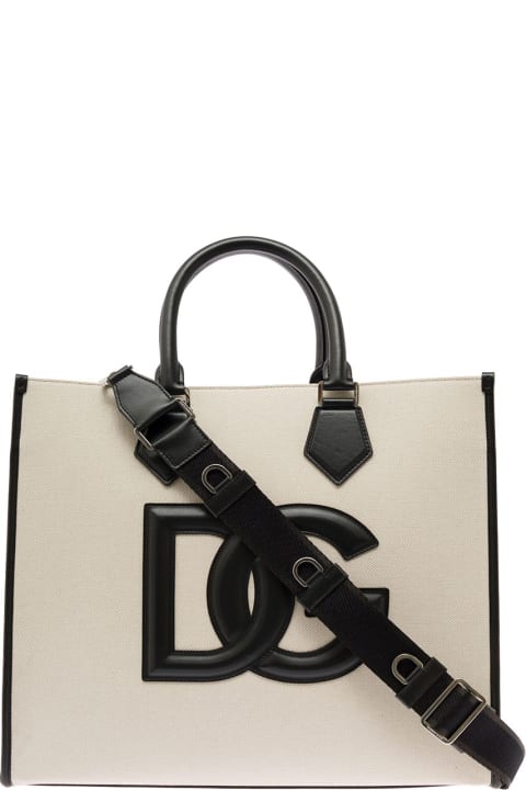 Dolce & Gabbana Man's Black And White Cotton Shopper Bag With  Embossed Logo