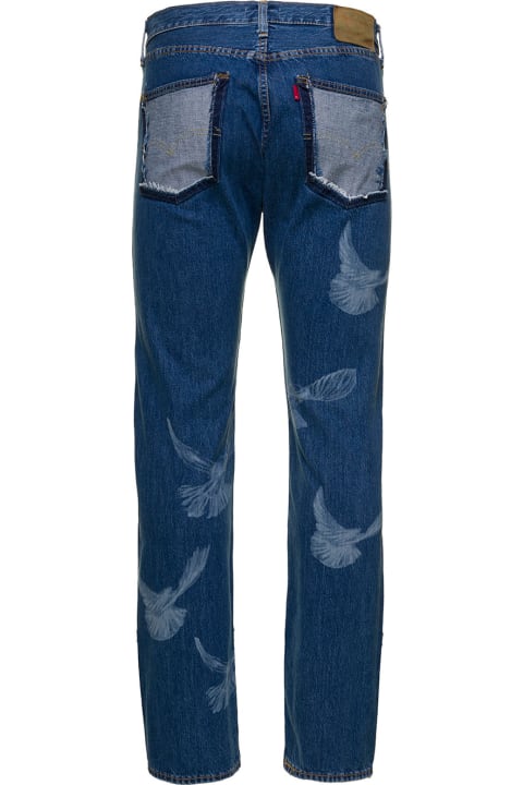 3. Paradis X Levi's  501 Blue Trousers With Birds Print In Cotton Denim Man