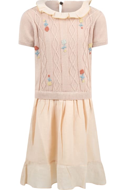 Beige Dress For Girl With Embroidered Flowers