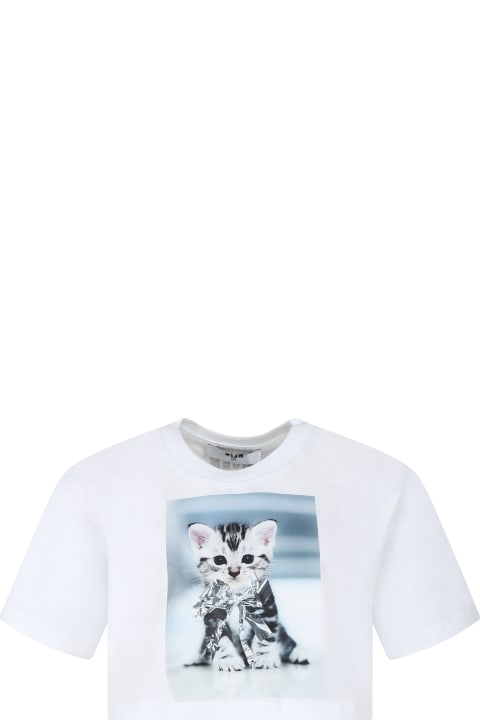 MSGM for Kids MSGM White Crop T-shirt For Girl With Cat Print And Logo