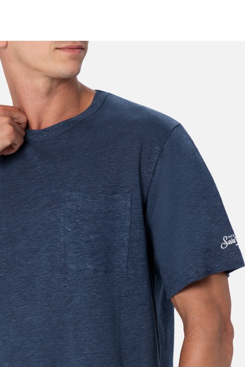 Homeware MC2 Saint Barth Man Navy Blue Linen Jersey T-shirt Ecstasea With Pocket
