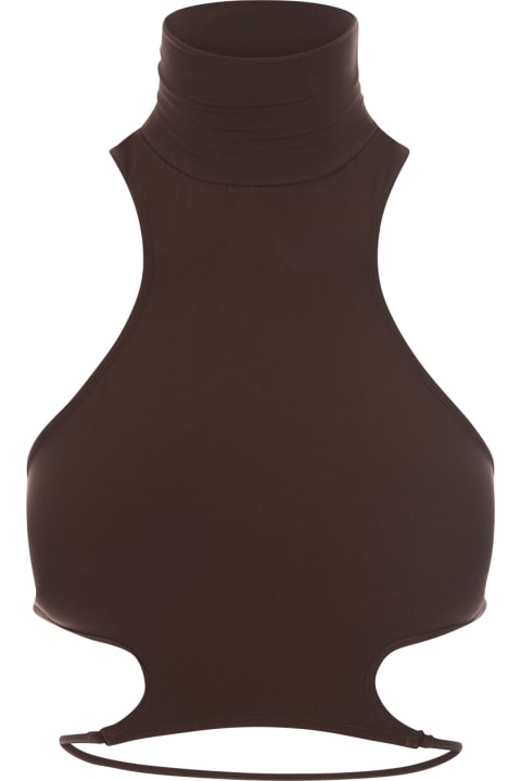 ANDREĀDAMO Topwear for Women ANDREĀDAMO Brown High Neck Crop Top With Cut-out