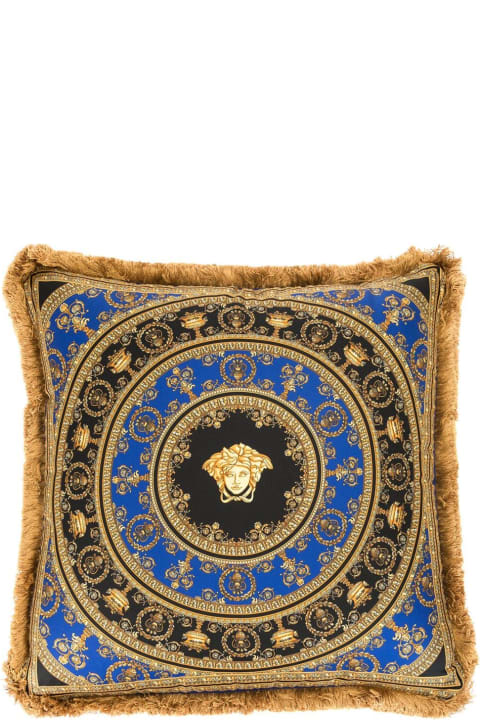 Gold, Black And Blue Pillow  In Silk And Synthetic Fibers With Baroque Print