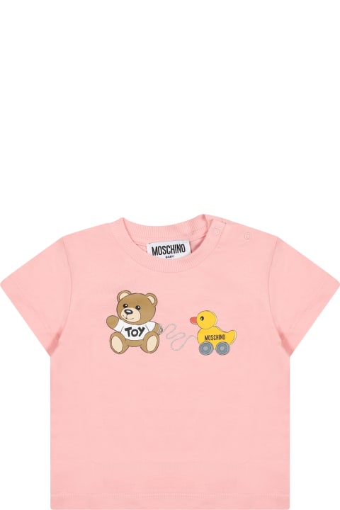 T-Shirts & Polo Shirts for Baby Girls Moschino Pink T-shirt For Baby Girl With Teddy Bear And Duck