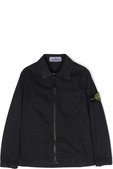 Shirts for Boys Stone Island Junior Blue Overshirt With Zip And Logo Patch In Cotton Boy