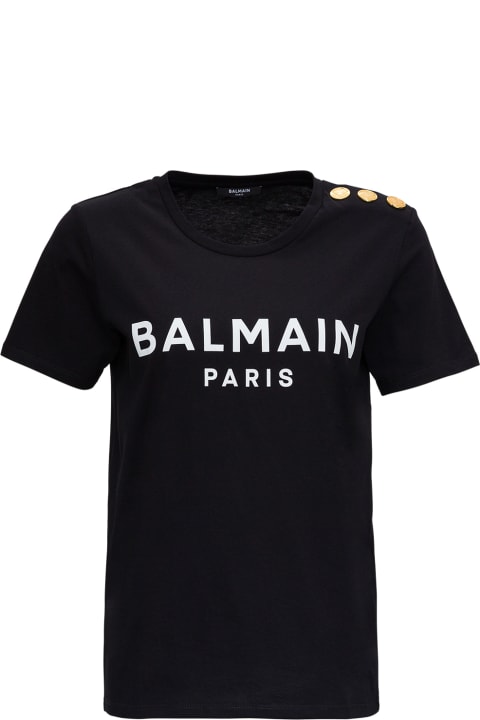 Balmain Clothing for Women Balmain Black Crewneck T-shirt With Logo Print And Golden Buttons In Jersey Woman
