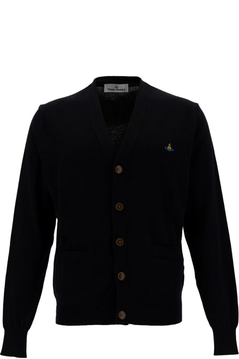 Vivienne Westwood for Men Vivienne Westwood Black V Neck Cardigan With Orb Embroidery In Cotton And Cashmere Man