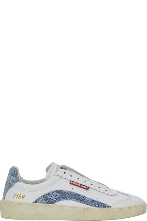 Dsquared2 White Low Top Sneakers With Denim Panels And Distressed Effect In Leather Man