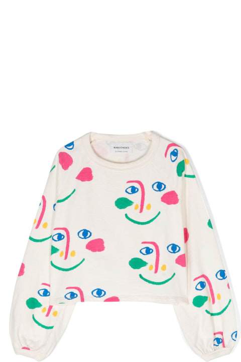 Bobo Choses Topwear for Girls Bobo Choses Ivory Sweatshirt For Girl With All-over Multicolor Face