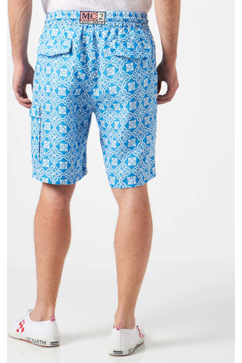 Homeware MC2 Saint Barth Man Linen Bermuda Shorts With White And Light Blue Majolica Print