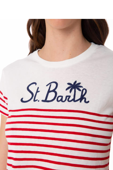 Homeware MC2 Saint Barth Red Striped Cotton T-shirt With St. Barth Embroidery