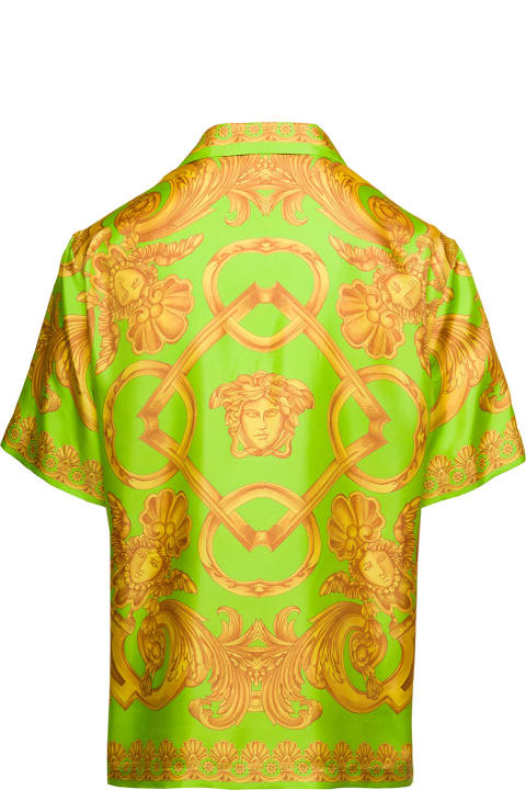 Green And Gold Hawaiian Shirt With All-over Barocco Print In Silk Man
