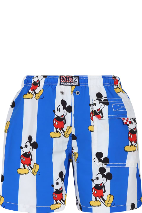Fashion for Boys MC2 Saint Barth Light Blue Swim Shorts For Boy With Mickey Mouse Print And Logo