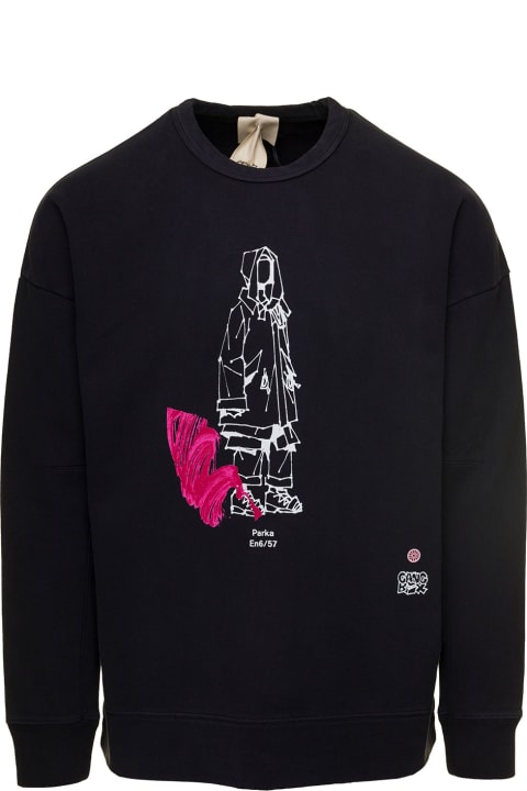 Black Crewneck Printed Sweater In Cotton Man Ten C