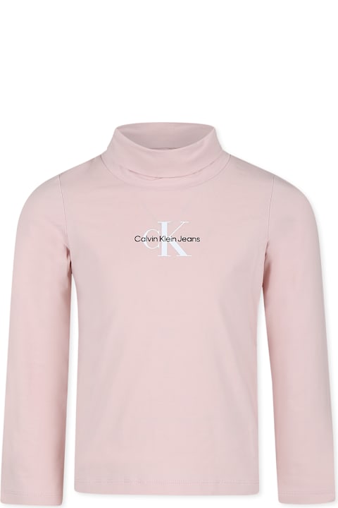 Calvin Klein قمصان بياقة دائرية وقمصان البولو لـ بنات Calvin Klein Pink Turtleneck For Girl With Logo