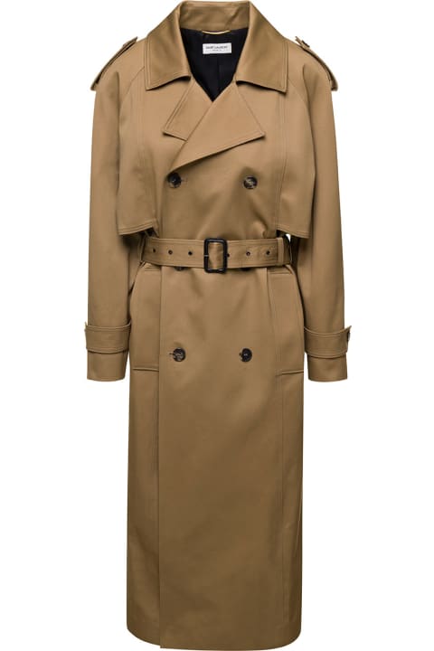 Beige Classic Double-breasted Trench Coat In Cotton Woman