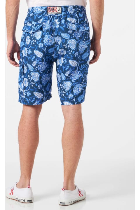 Homeware MC2 Saint Barth Man Linen Blue Bermuda Shorts With Flower Print