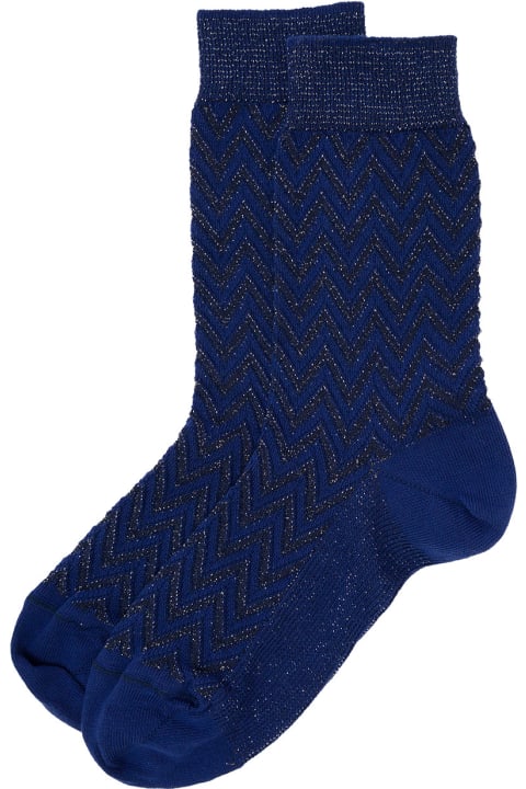ウィメンズ新着アイテム Missoni Black And Blue Iconic Zig Zag Short Socks In Lightweight Lamé Knit Woman Missoni
