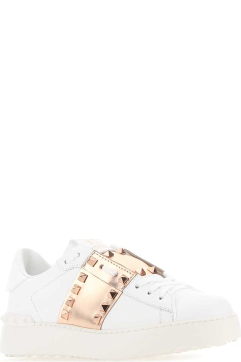 Fashion for Women Valentino Garavani White Leather Rockstud Untitled Sneakers With Gold Rose Band