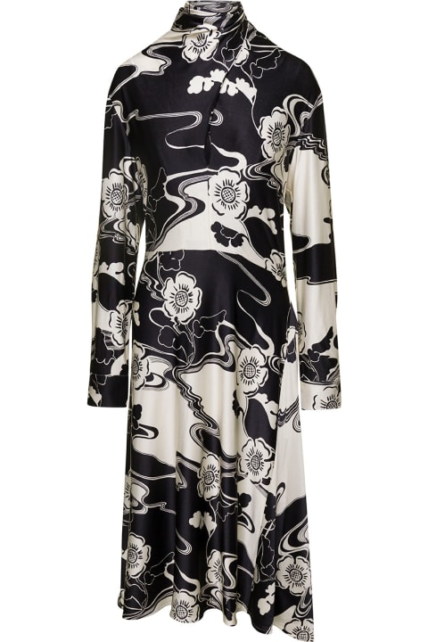Jil Sander Dresses for Women Jil Sander Midi Black And White Floreal Printed Dress With High Neck In Viscose Blend Woman