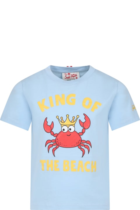 MC2 Saint Barth for Kids MC2 Saint Barth Light Blue Cotton T-shirt For Boy With Crab And Writing