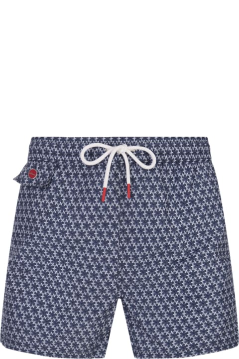Swimwear for Men Kiton Navy Blue Swim Shorts With Geometric Floral Pattern