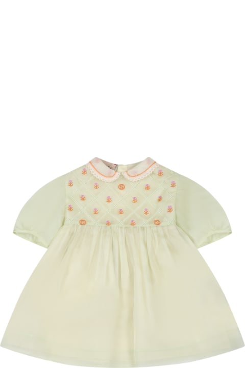 Gucci Kids Gucci Green Dress For Baby Girl With Flower And Interlocking Gg
