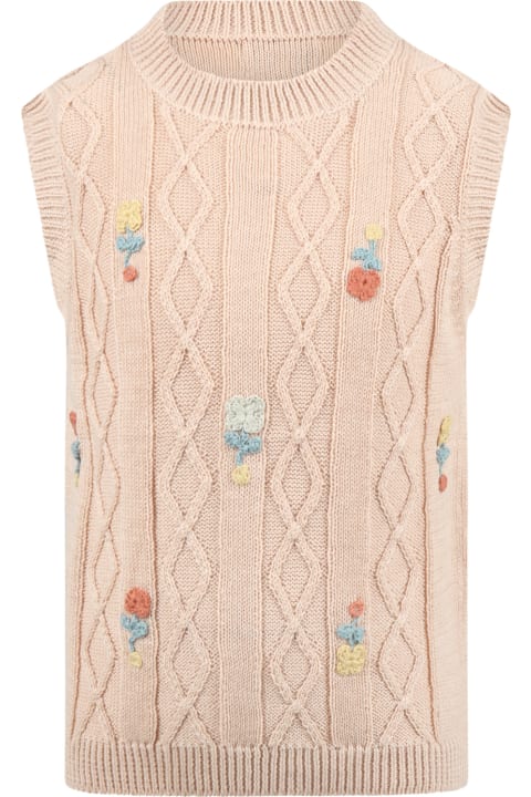 Beige Waistcoat For Girl With Embroidered Flowers