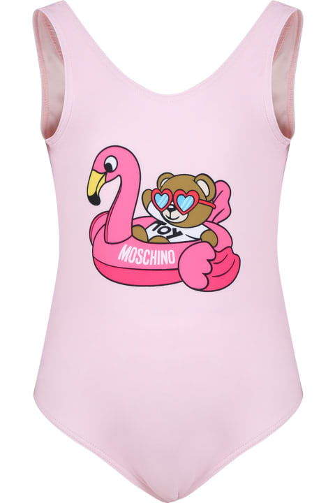 Swimwear for Girls Moschino Pink Swimsuit For Girl With Teddy Bear And Flamingo