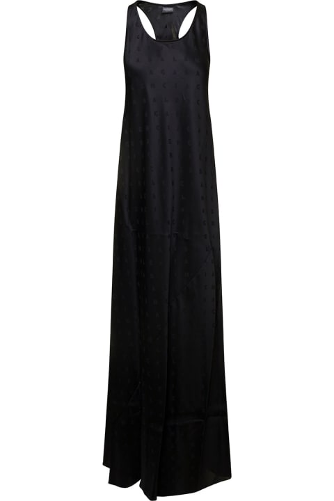 Black Long Evening Dress With Logo Motif All-over In Viscose Woman