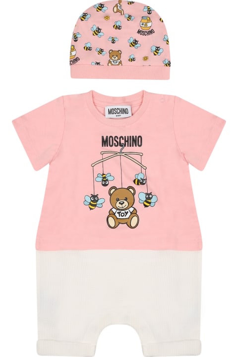 Bodysuits & Sets for Baby Boys Moschino Pink Set For Baby Girl With Teeddy Bear And Logo