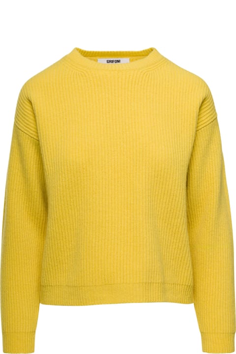 Yellow Ribbed Sweater With Drop Shoulders Woman