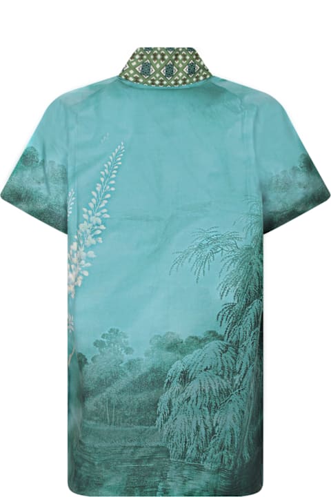 Pierre-Louis Mascia for Women Pierre-Louis Mascia Aqua Green Silk Shirt With Tropical Print